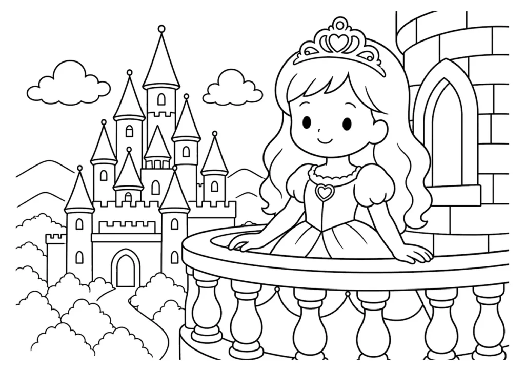バルコニーに立つプリンセスの塗り絵