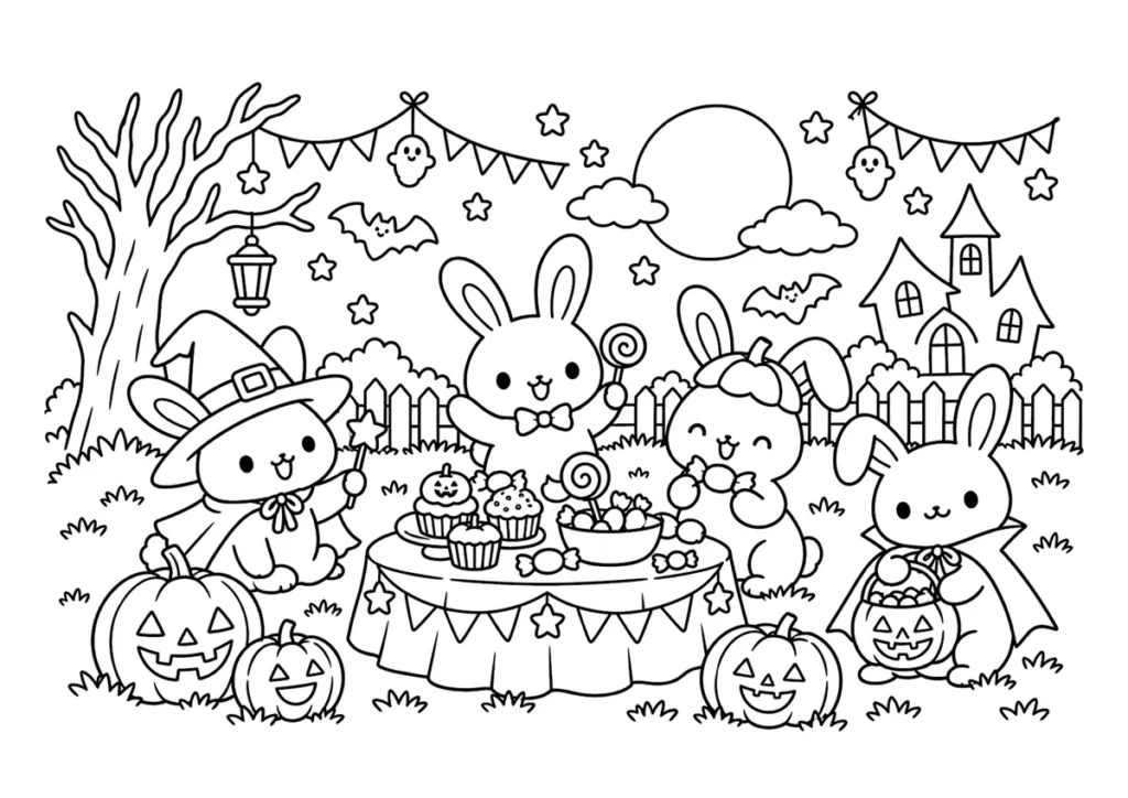 うさぎのハロウィンパーティーの塗り絵