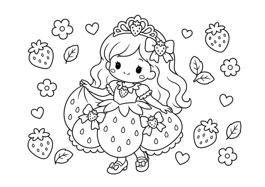 いちごドレスのプリンセスの塗り絵