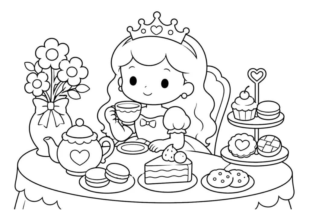 ティーパーティーのプリンセスの塗り絵