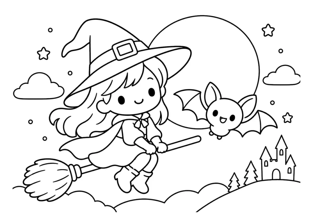 コウモリと魔女の塗り絵