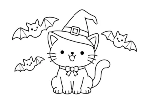ハロウィン猫とコウモリの塗り絵