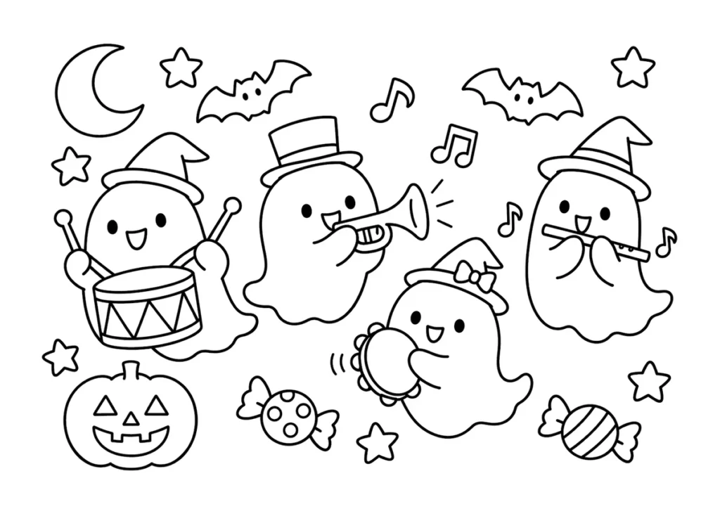 おばけのハロウィン音楽隊の塗り絵