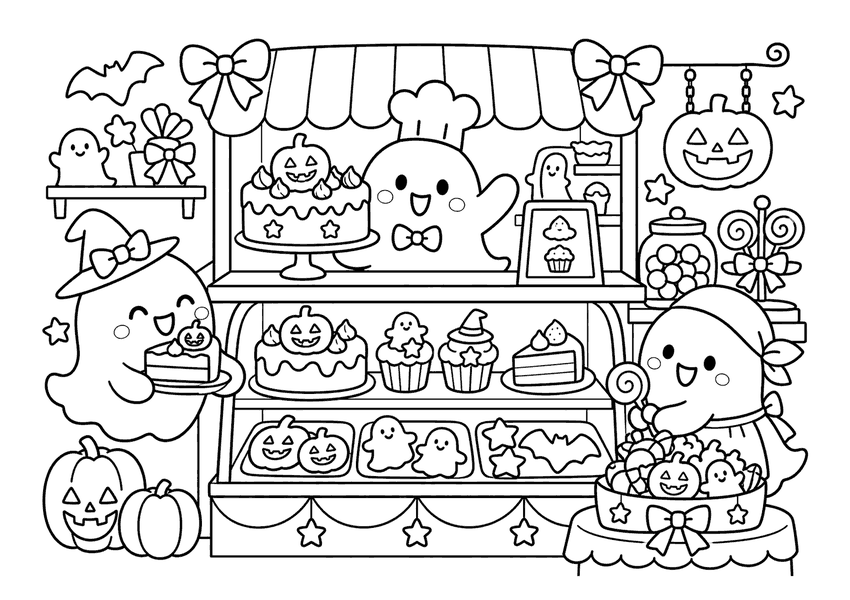 おばけのハロウィンケーキ屋さんの塗り絵