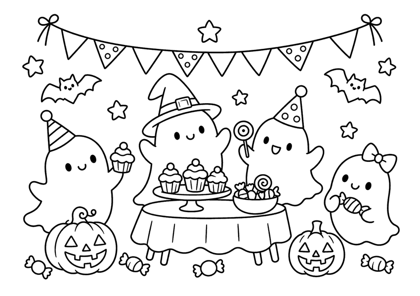おばけのハロウィンパーティーの塗り絵
