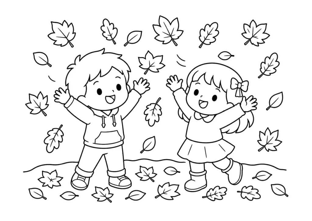 落ち葉を空へ投げる子どもの塗り絵