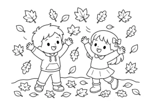 落ち葉を空へ投げる子どもの塗り絵