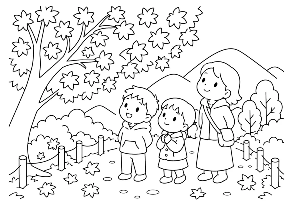 紅葉狩りの塗り絵
