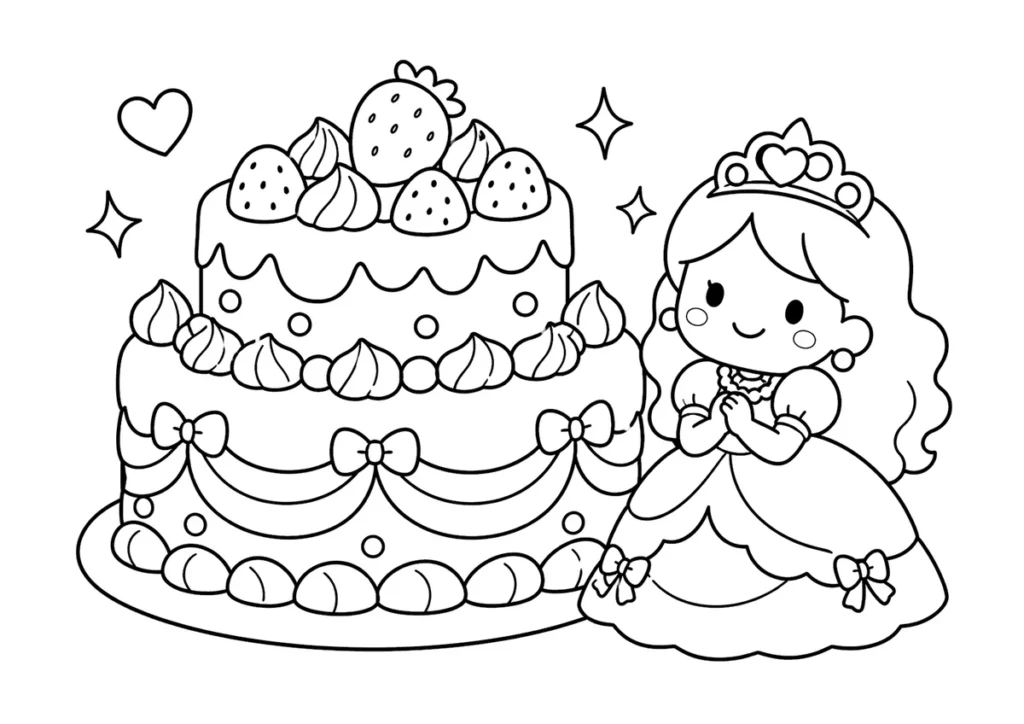 ケーキとプリンセスの塗り絵
