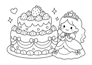 ケーキとプリンセスの塗り絵