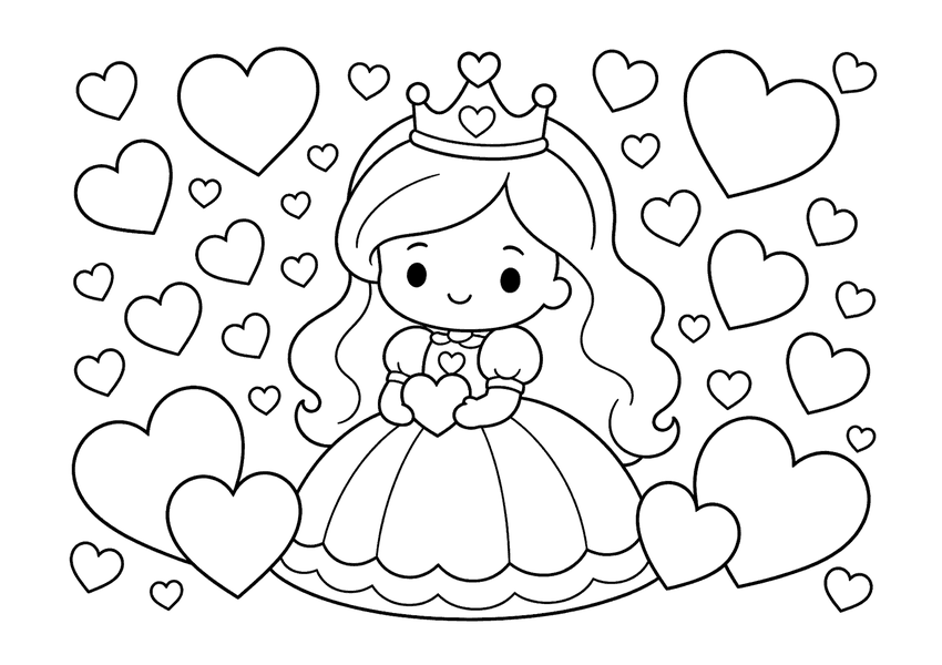 ハートのプリンセスの塗り絵