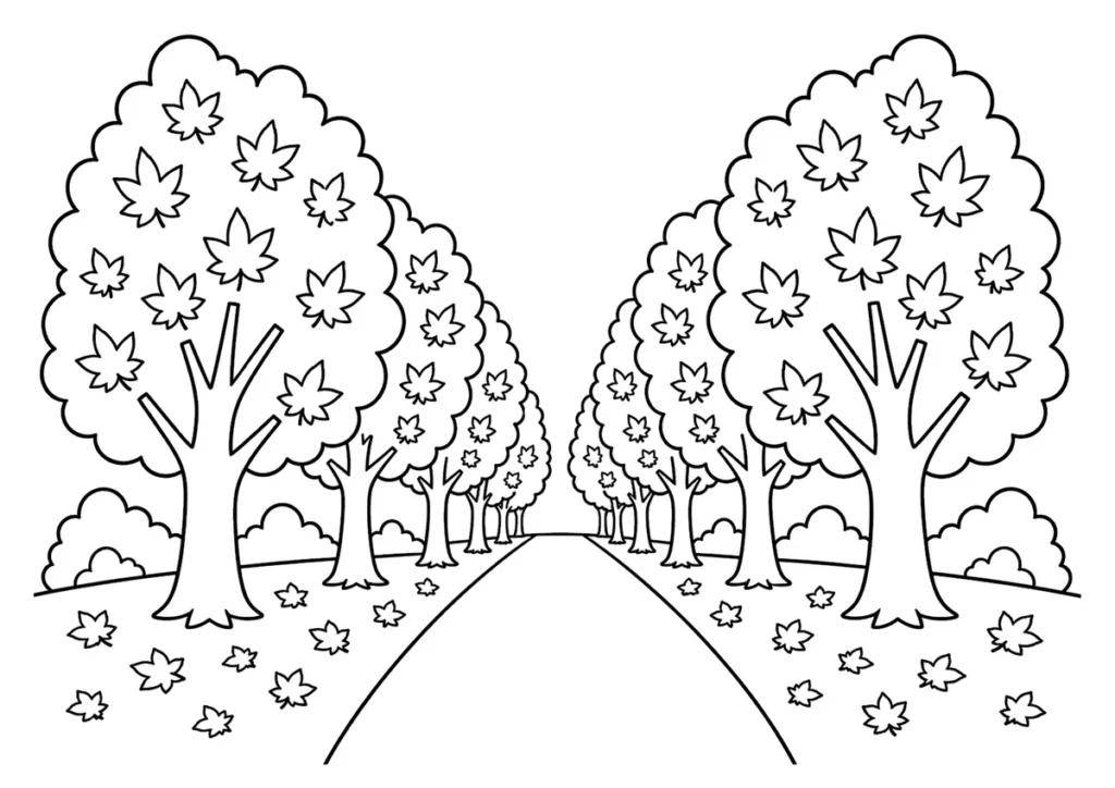 紅葉した並木道の塗り絵