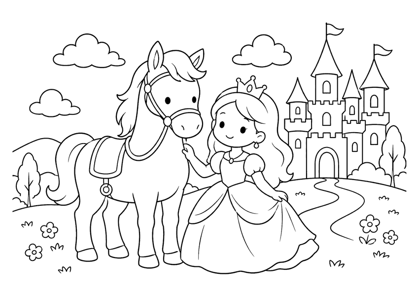 白馬とプリンセスの塗り絵